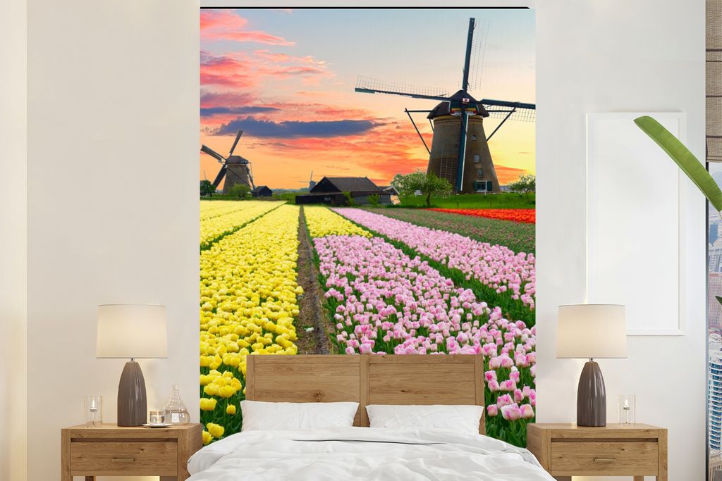 MuchoWow Fototapete für Wohnzimmer oder Schlafzimmer Wandtapete Vinyl Motivtapete Windmühle - Tulpen - Blumen - Niederlande - 200x300 cm - Wand...