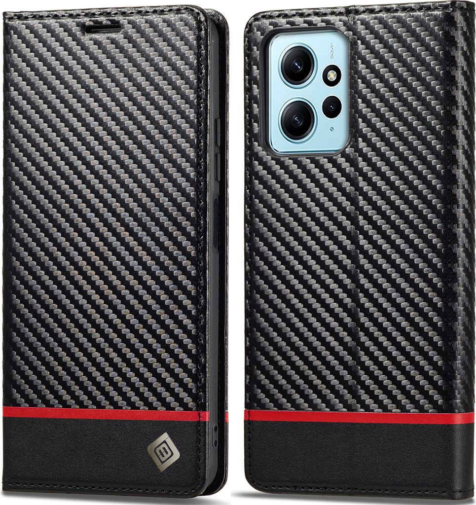 Hülle für Xiaomi Redmi Note 12 4G Kohlefaser Leder Brieftasche Schutzhülle mit Standfunktion Schwarz Horizontal Rot