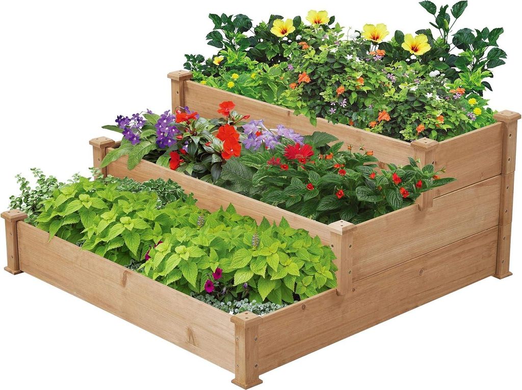 Erhöhtes Blumenbeet für Balkon und Garten, 3-stufige Blumenleiter 120x120x56 cm