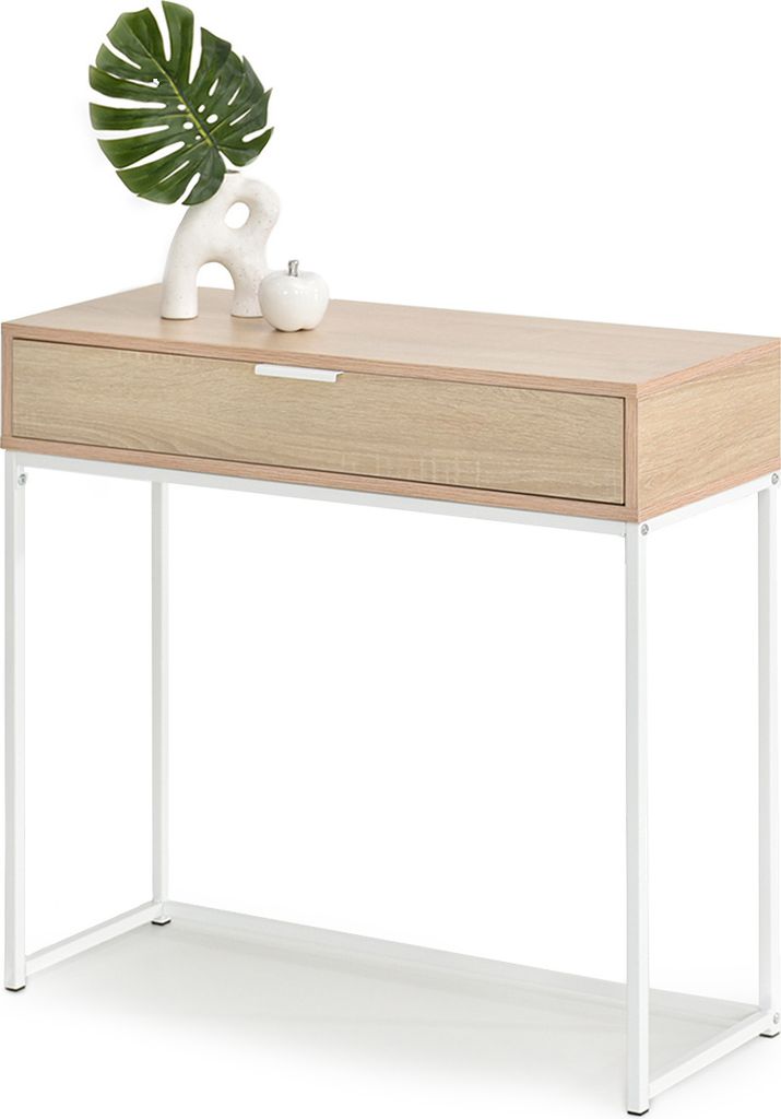 A console table with a drawer is displayed against a white background. Decorative items are placed on top.