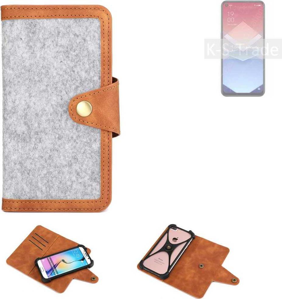K-S-Trade Handyhülle kompatibel mit Oppo K10x Schutzhülle Filz-Hülle Kunst-Leder hellgrau braun (1x)