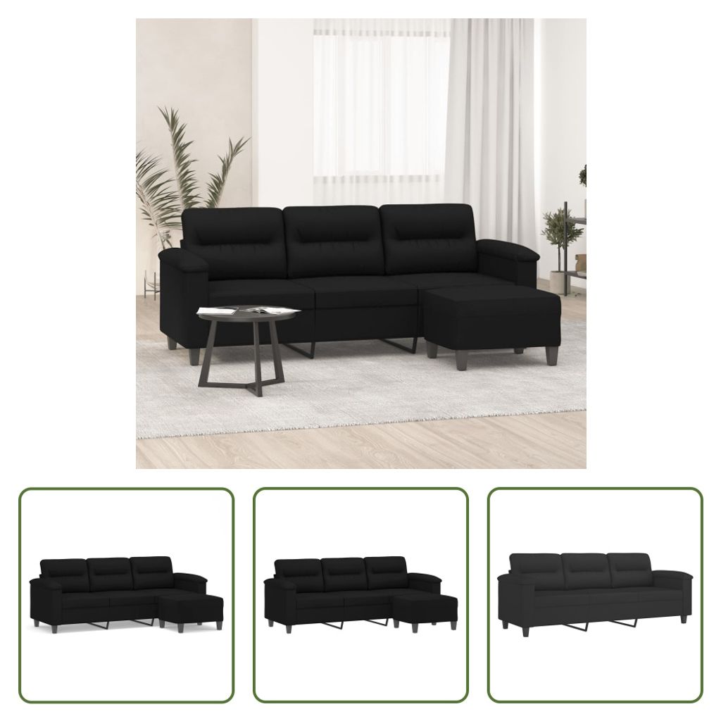 The Living Store 3-Sitzer-Sofa mit Hocker Schwarz 180 cm Mikrofasergewebe