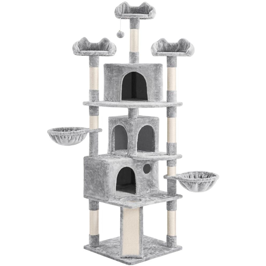 A tall, multi-level cat tree with scratching posts, perches, and enclosed spaces, set against a white background.