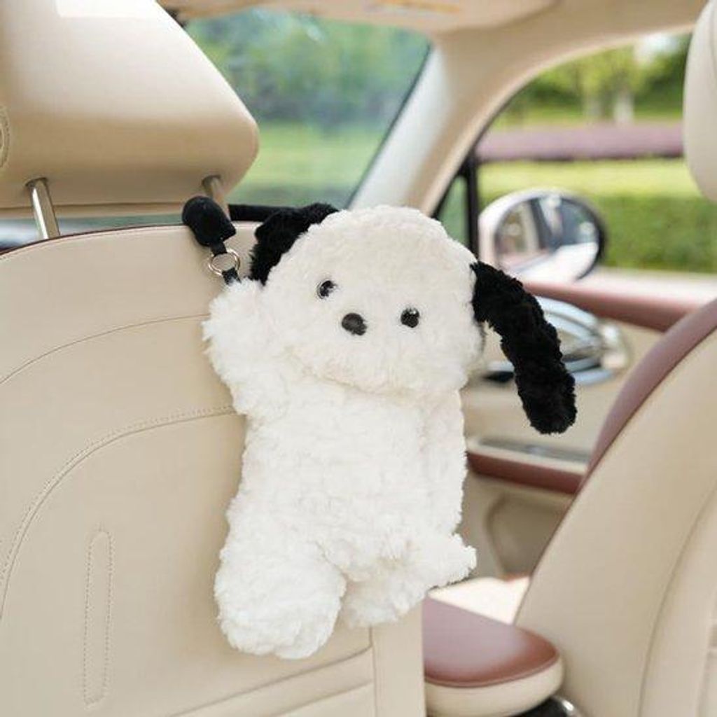 Automobilen-Puppy-Tuchhalter - schattig weißer Plüschpuppy-Design für Auto, hängbar oder auf dem Armaturenbrett, weicher Gegenstandhalter für ...