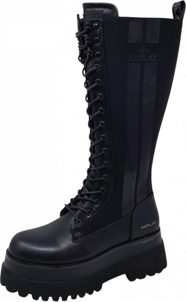 A black lace-up boot with a platform sole.