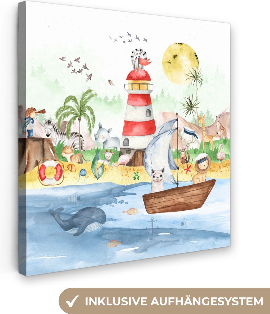 MuchoWow - Leinwandbilder - Strand - Tiere - Kinder - Leuchtturm - Jungen, Wandbild, Wanddeko Bilder Wohnzimmer, 50x50 cm