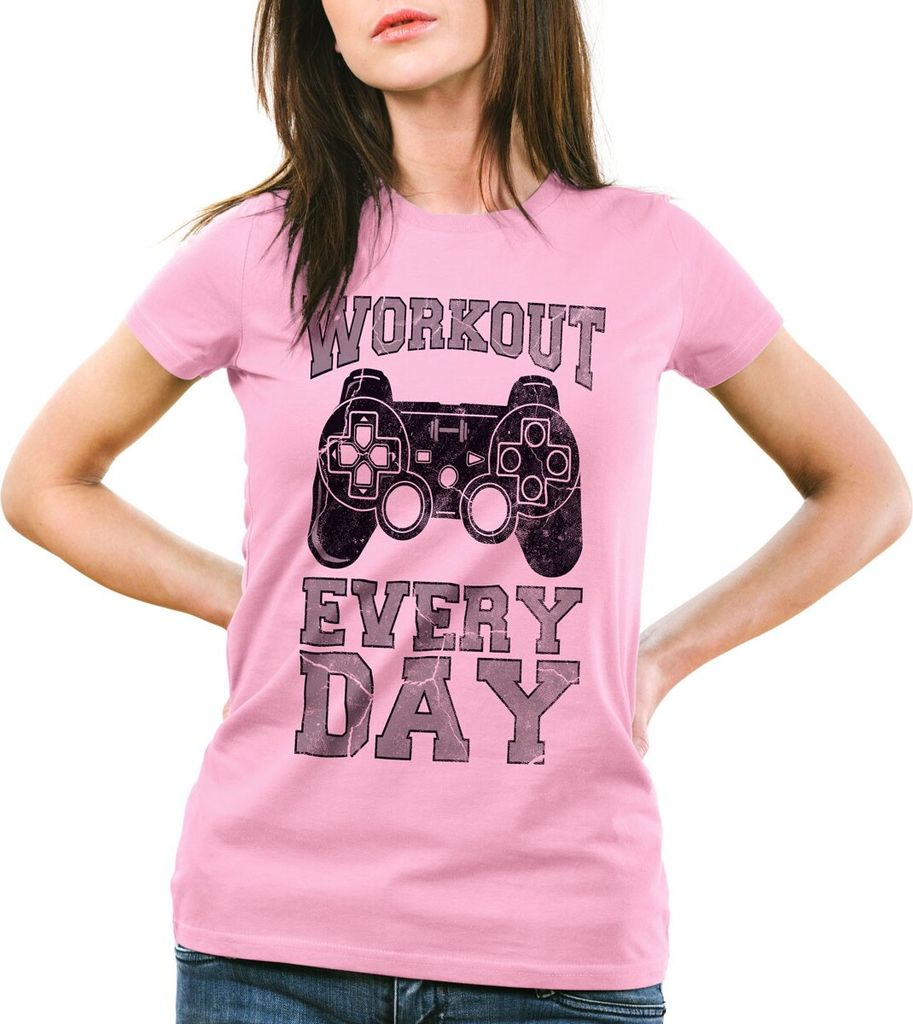 style3 Gamer Workout Damen T-Shirt play sport station controller ps game, Farbe:Pink, Größe:S