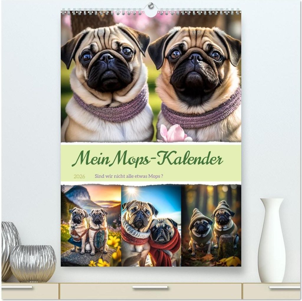 Mein Mops-Kalender (hochwertiger Premium Wandkalender 2026 DIN A2 hoch), Kunstdruck in Hochglanz