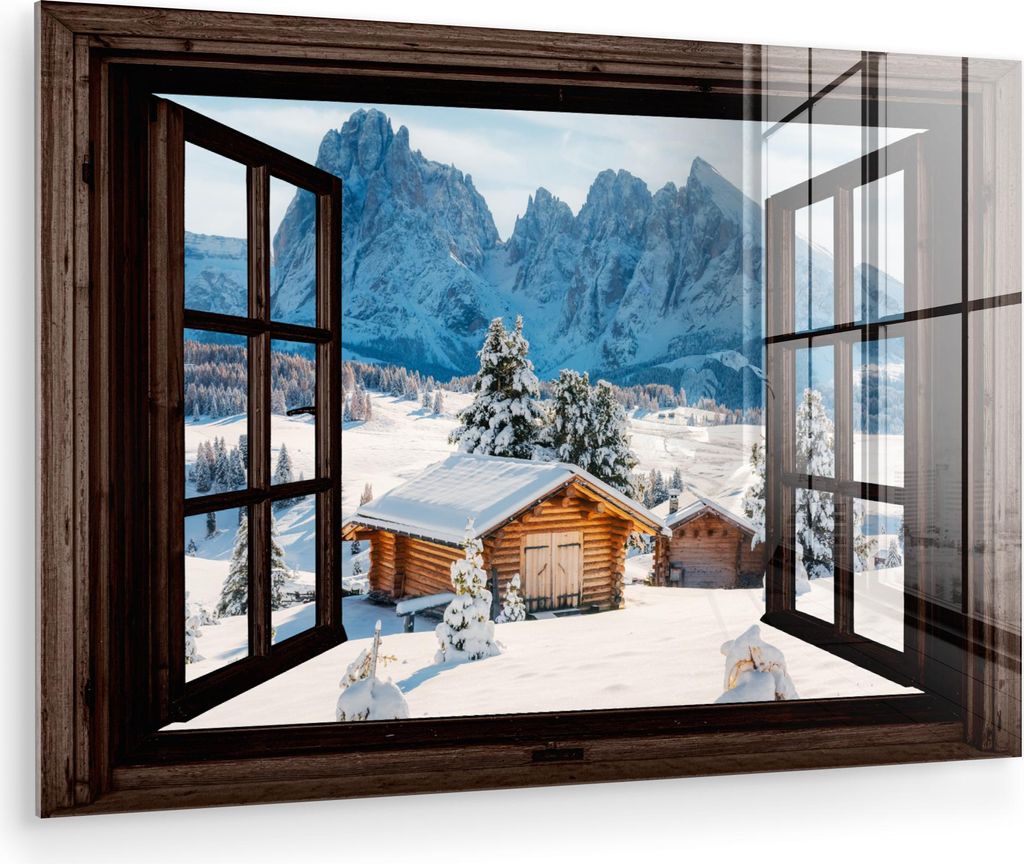 MuchoWow Glasbilder - Bilder auf Wandbild - Foto auf Glas Aussicht - Winter - Landschaft - Hütte - Berge 30x20 cm Wanddekoration aus Glas - Acrylg...