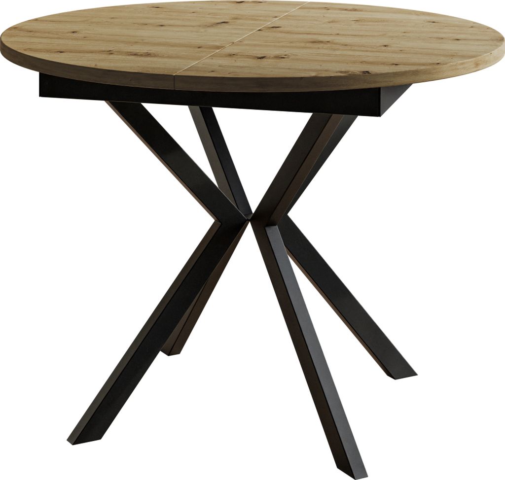 Runder Esszimmertisch LEO, ausziehbarer Tisch Durchmesser: 100 cm bis 138 cm, Wohnzimmertisch Farbe: ARTISAN, mit Metallbeinen in Farbe Schwarz