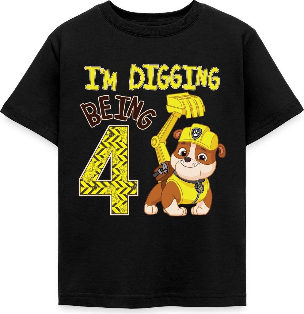 Spreadshirt Paw Patrol Rubble 4. Geburtstag Kinder T-Shirt, 98/104 (3-4 Jahre), Schwarz