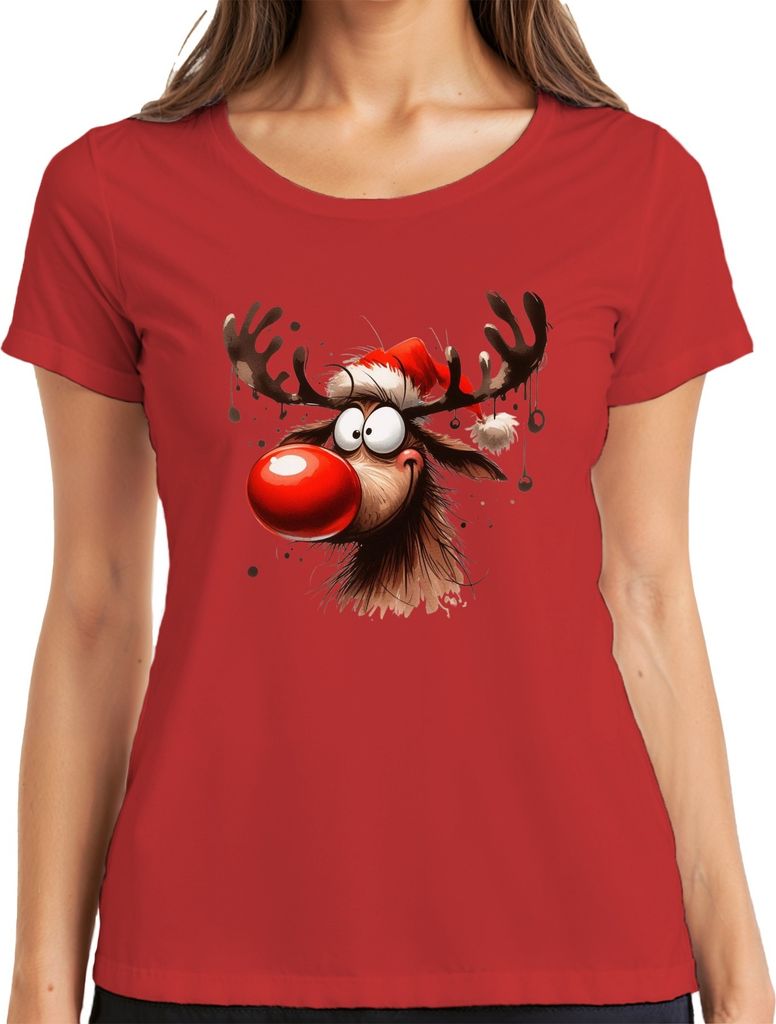 Lustiges Reh Rentier Rudolf Elch - Weihnachten Xmas Christmas Damen T-Shirt, Rot, S