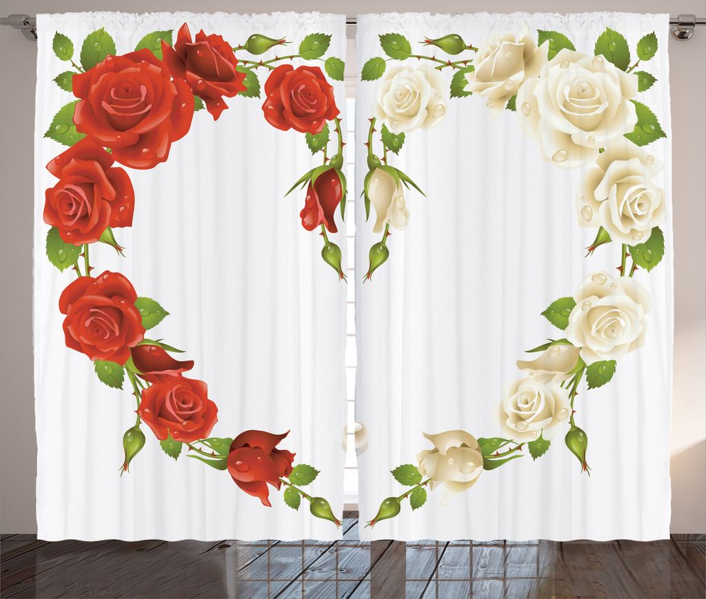 ABAKUHAUS Rose Rustikaler Vorhang, Herz-Blumenstrauß Romantisch, Wohnzimmer Universalband Gardinen mit Schlaufen und Haken, 280 x 225 cm, Rot Wei...