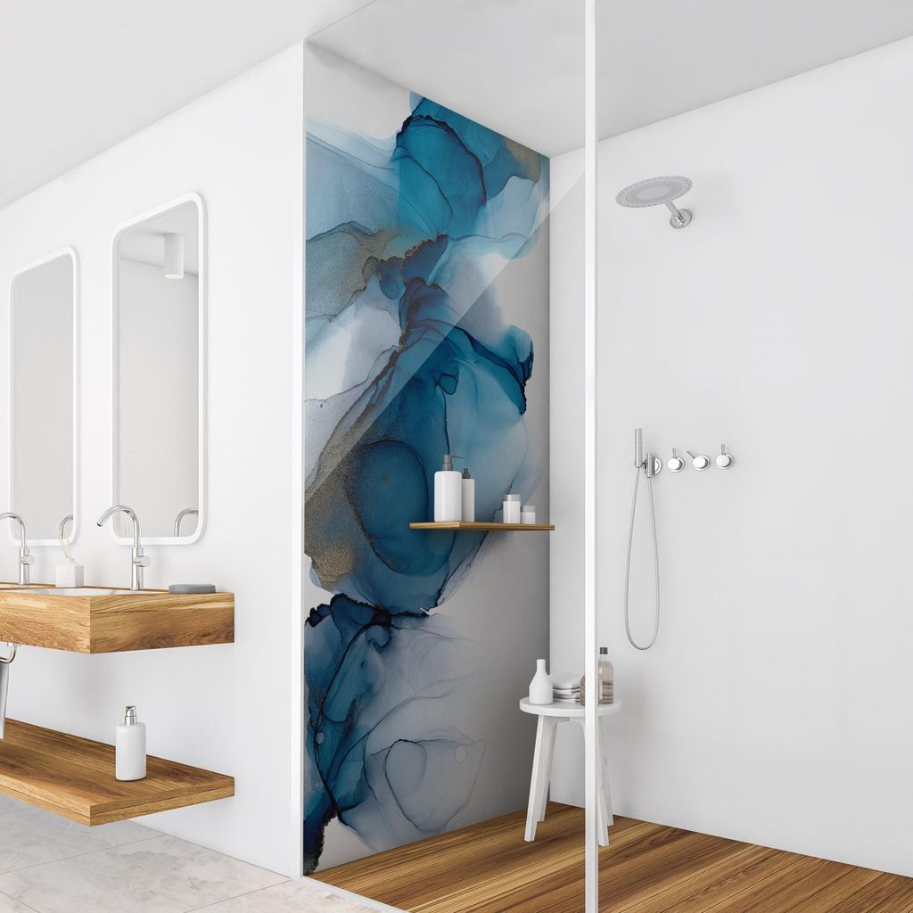 Duschrückwand originell selbstklebend - 0.61 mm Wandpaneel wasserfest Design blau Aquarell Badrückwand fugenlos Premium matt 80x190 cm