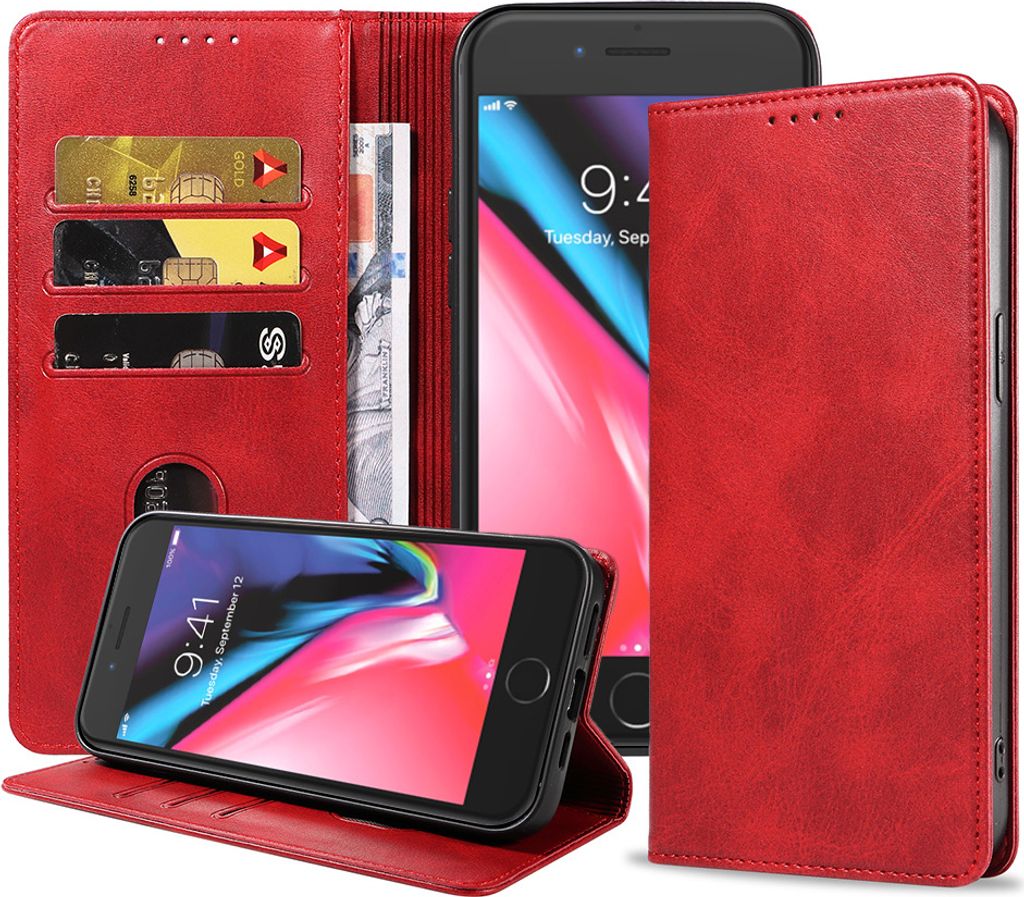 Smartphonica iPhone 7/8 Kunstledertasche mit Magnetverschluss und Kartenhaltern Buchhülle - Rot