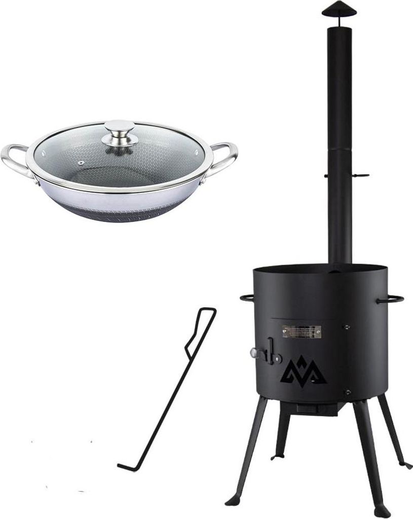 SET Utschak mit Abzugsrohr 2mm Stahl + Wok Pfanne Kazan Kasan Edelstahl Antihaft Wabenstruktur Ø32cm 5 L
