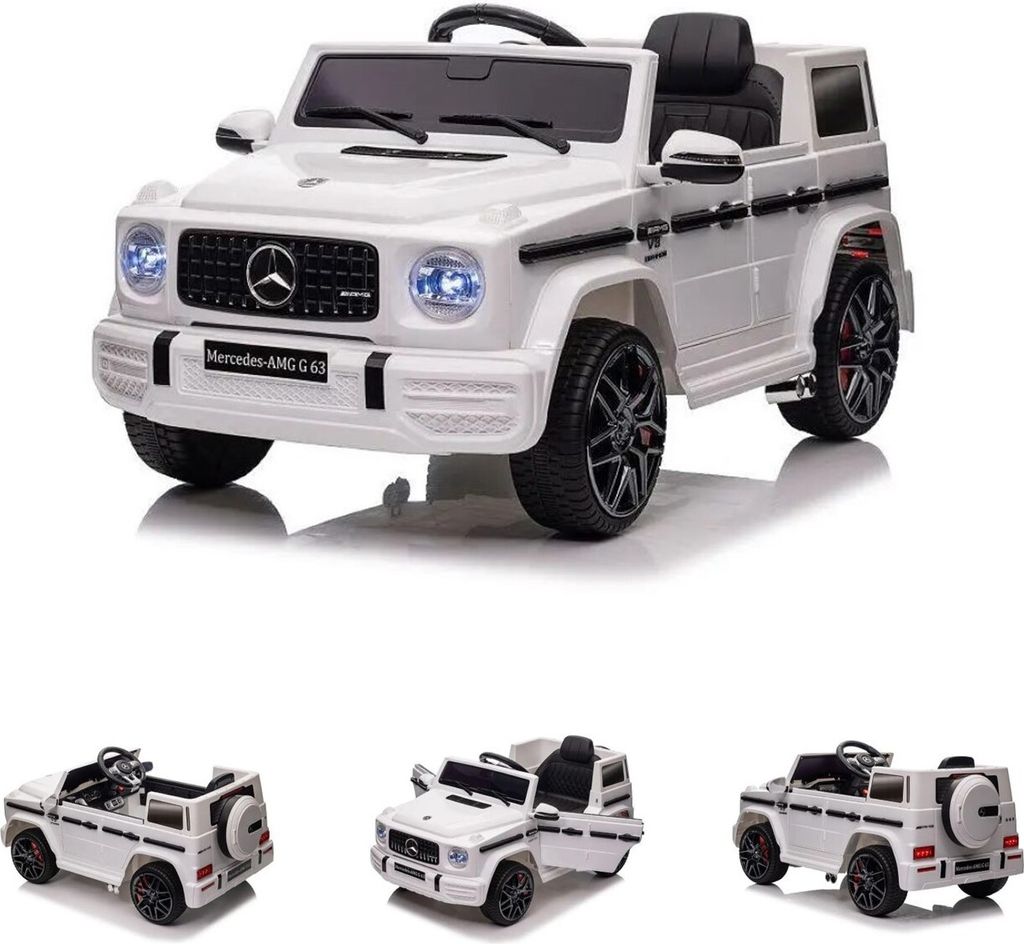 ES-Toys Kinder Elektroauto Mercedes G63 AMG Batterieanzeige Softstart 2,4 GHz weiss