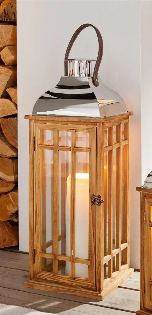 Grande lanterne bois et métal 60 cm - Photophore de sol pour décoration