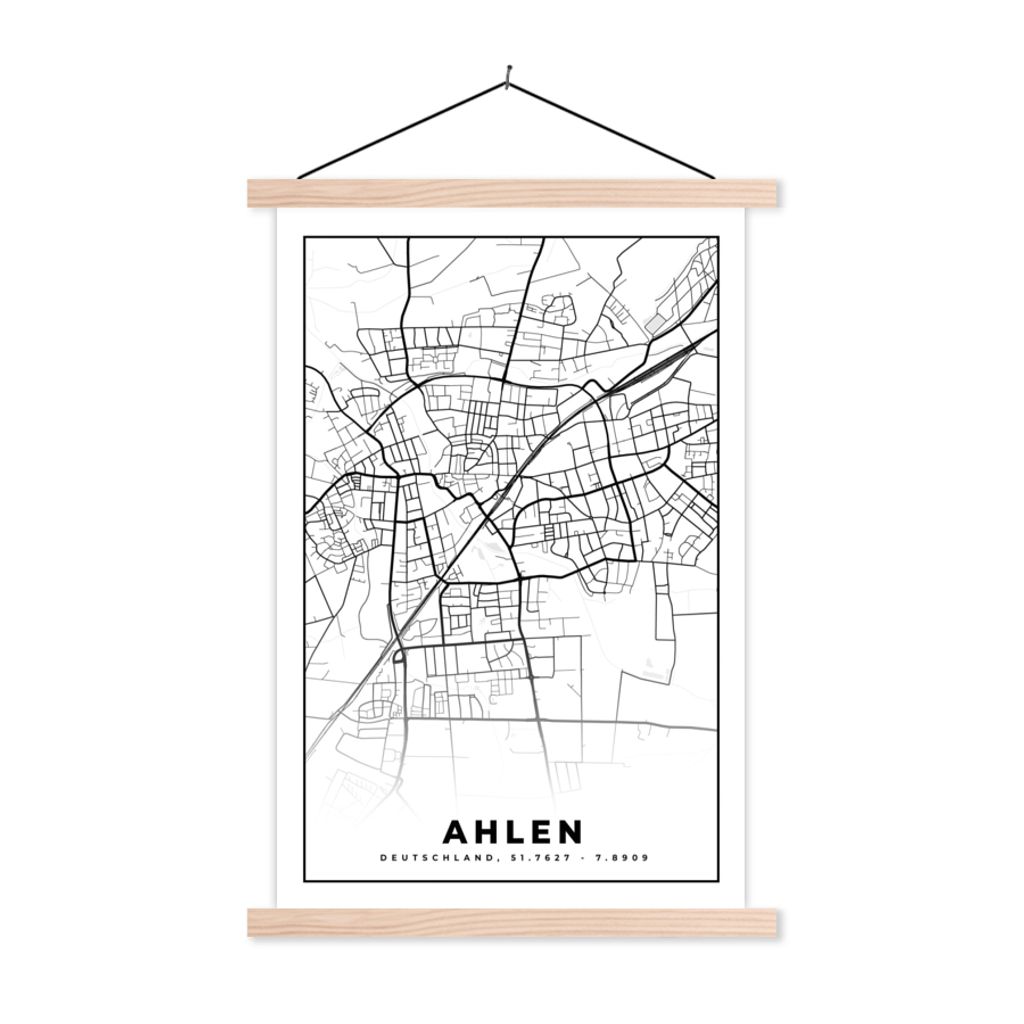 MuchoWow Textilposter Karte - Ahlen - Stadtplan 120x180 cm mit holzfarbenen Rahmen - Textil-Plakat