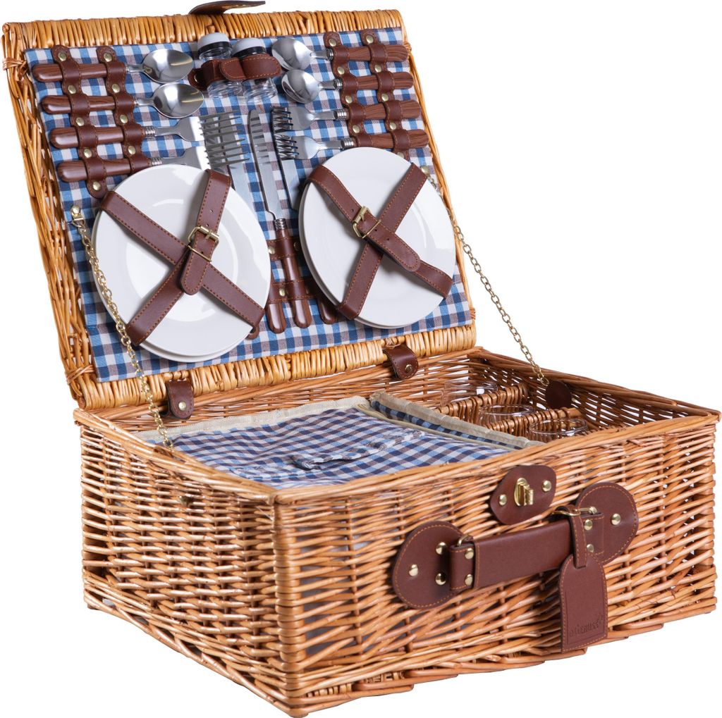 Weidengeflecht Picknickkorb mit Kühlfach & Zubehör-Geschirr, Besteck, Weingläser - Geschenkidee für Camping, Outdoor & Familie | Für 4 Persone...