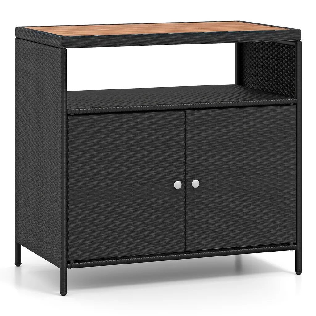 COSTWAY Armoire de Jardin en Rotin Noir avec Plan de Travail en Acacia