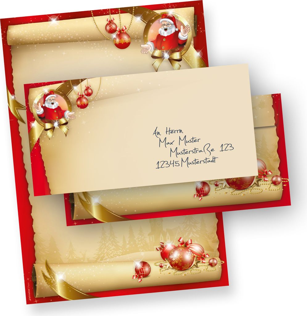 Briefpapier Weihnachten Set Santa Claus (250 Sets ohne Fenster) DIN A4 Weihnachtsbriefpapier mit Umschläge