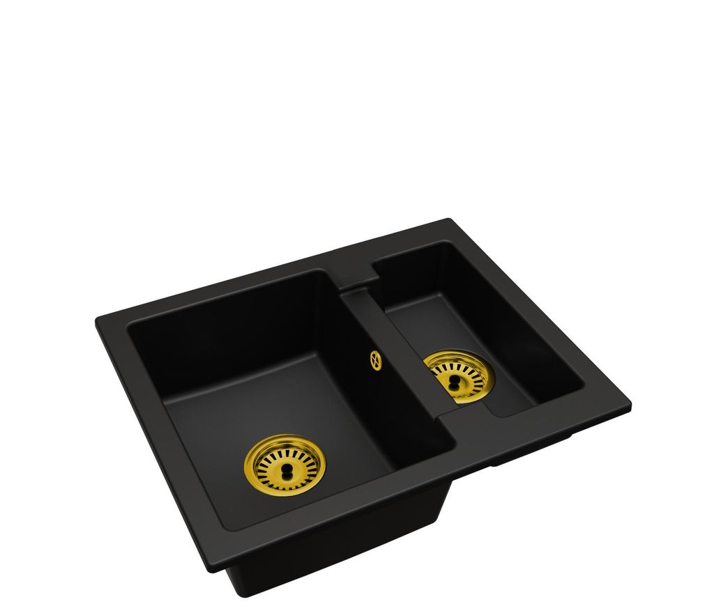 Granitspüle Yogi mit Anderthalbbecken – Schwarz mit goldfarbenem Siphon