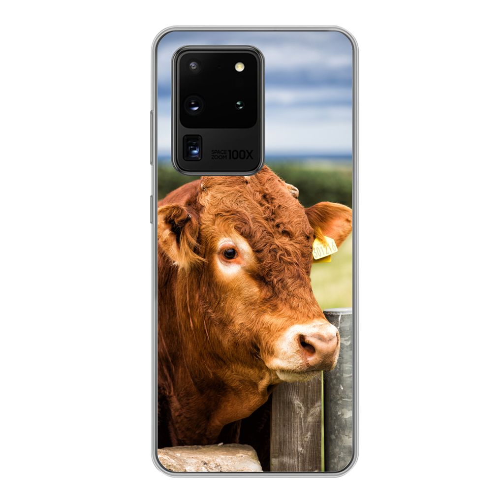 MuchoWow Handyhülle Schutzhülle Hülle für Samsung Galaxy S20 Ultra Schottischer Highlander - Berg - Zaun Silikon Softcase Handy Hülle - Kart...