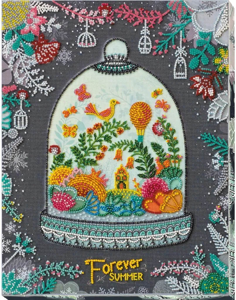 Tableau à broder avec perles kit complet été fleurs et soleil 32x25