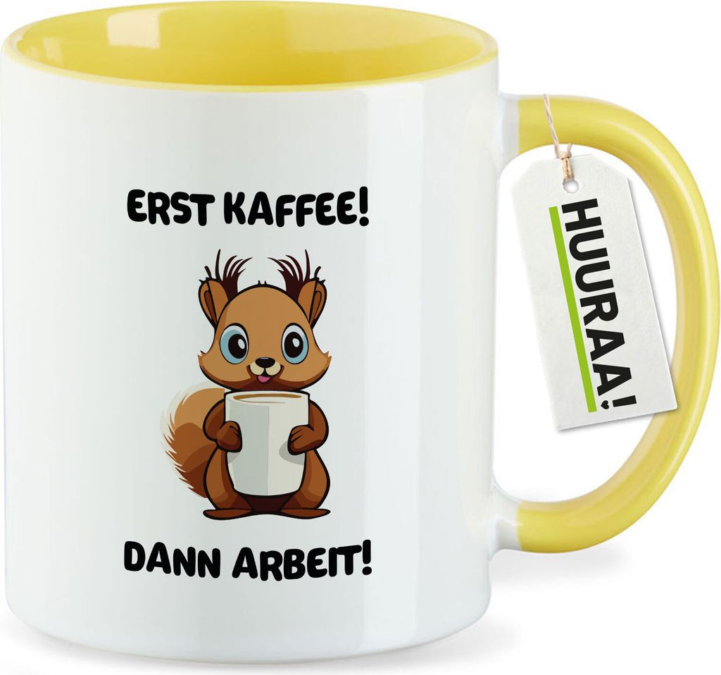 Huuraa Kaffeetasse Erst Kaffee dann Arbeit Eichhörnchen 330ml Gelb Keramik Kaffeebecher Geschenkidee