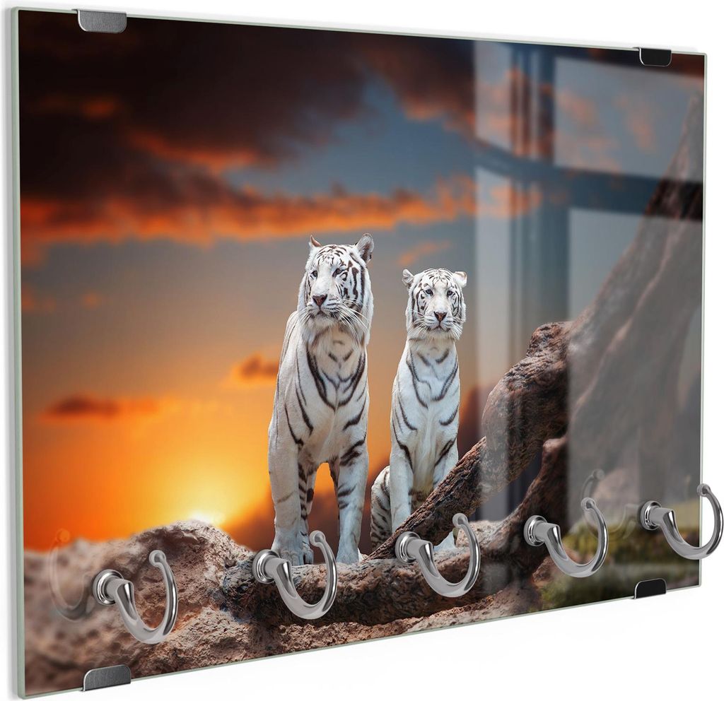 DEQORI Schlüsselbrett Glas 30x20 cm 'Weiße Tiger im Abendlicht' Schlüssel Halter Haken