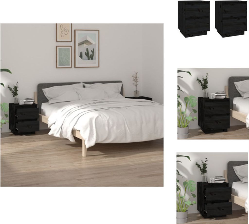 vidaXL Nachttische 2 Stk. Schwarz 40x35x50 cm Massivholz Kiefer - Nachttische