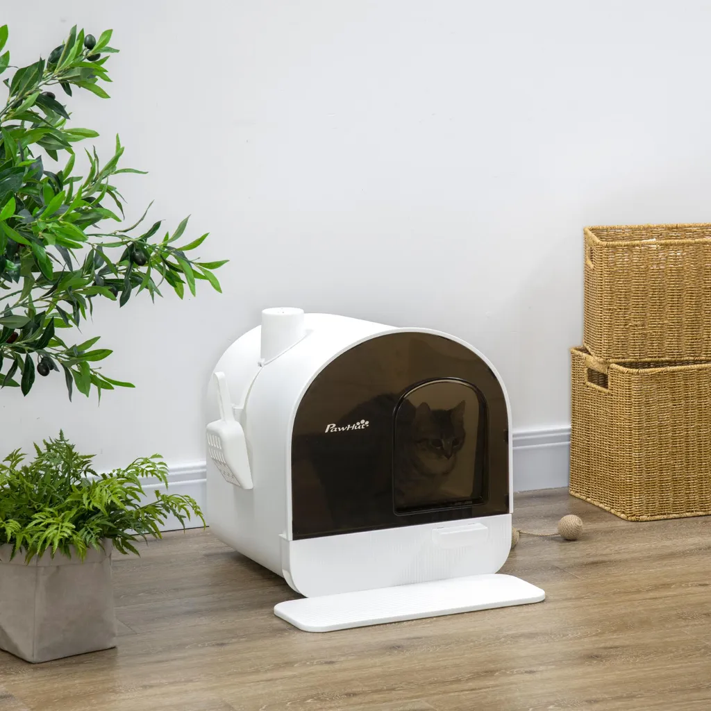 Fortuna Lai Lettiera con coperchio Lettiera per gatti fino a 5 kg, con coperchio, tappetino per lettiera, plastica, bianco, 43x44x47 cm - 2