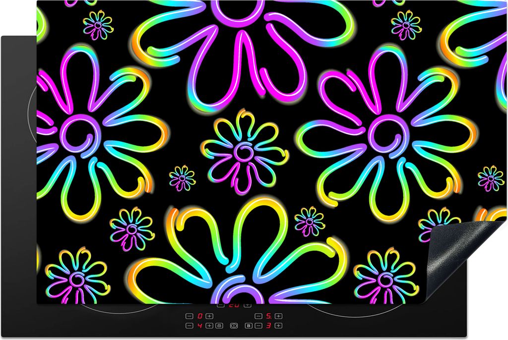 KitchenYeah Herdabdeckplatte Blumen - Neon - Muster - Psychedelisch , 80x52cm, Küche Deko, Glaskeramikfeld Herdabdeckung, Abdeckplatte fùr Koch...