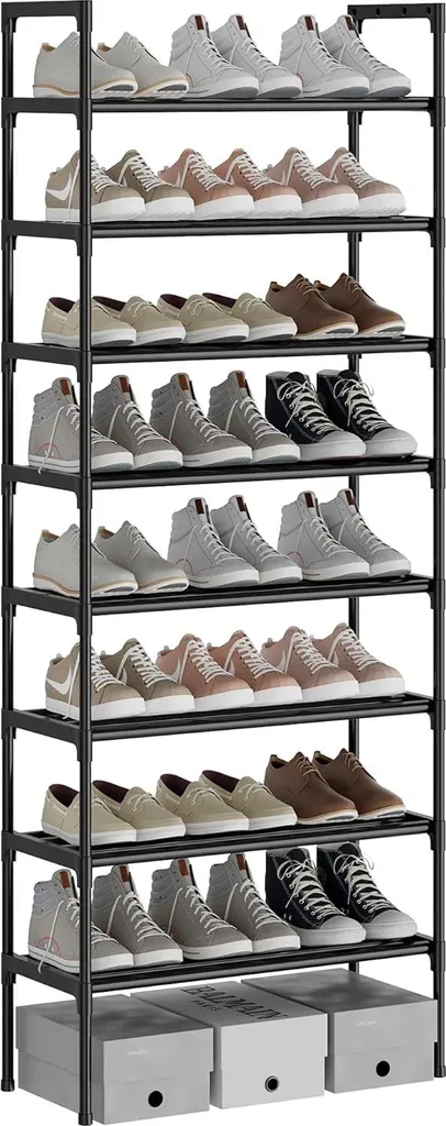 Étagère à chaussures tube noir 16mm robuste à 8 niveaux 56x30x140cm