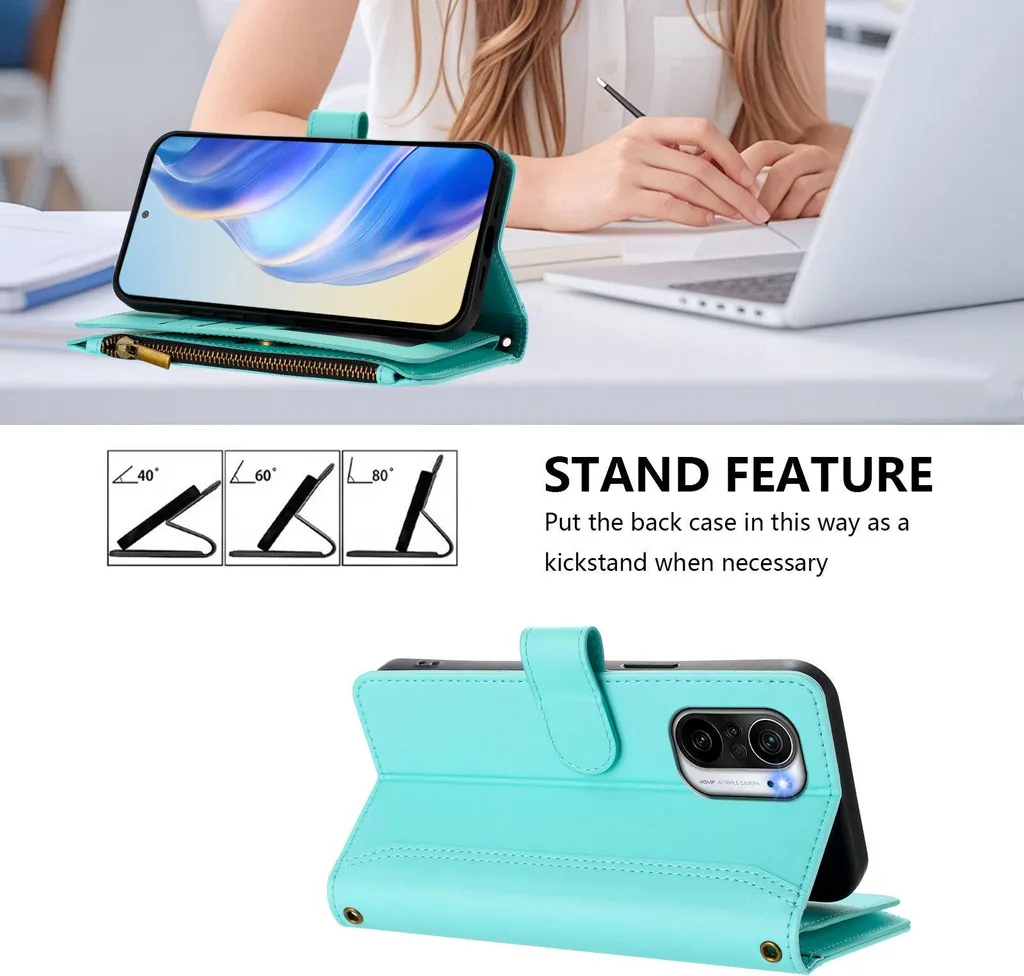 Custodia Poco F3 Verde Menta: Portafoglio Zip Style e Protezione - 2