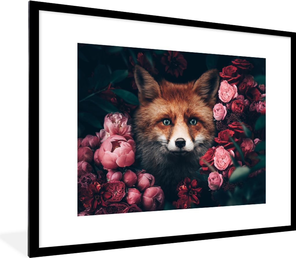 MuchoWow Gerahmtes Poster Fuchs - Blumen - Tiere 80x60 cm - Poster mit Schwarzem Bilderrahmen Wandposter Rahmen Foto Bilder - Schlafzimmer-Dekora...