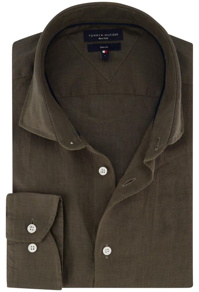 Tommy Hilfiger Hemd dunkelgrün Leinen Semi-Wide-Kragen