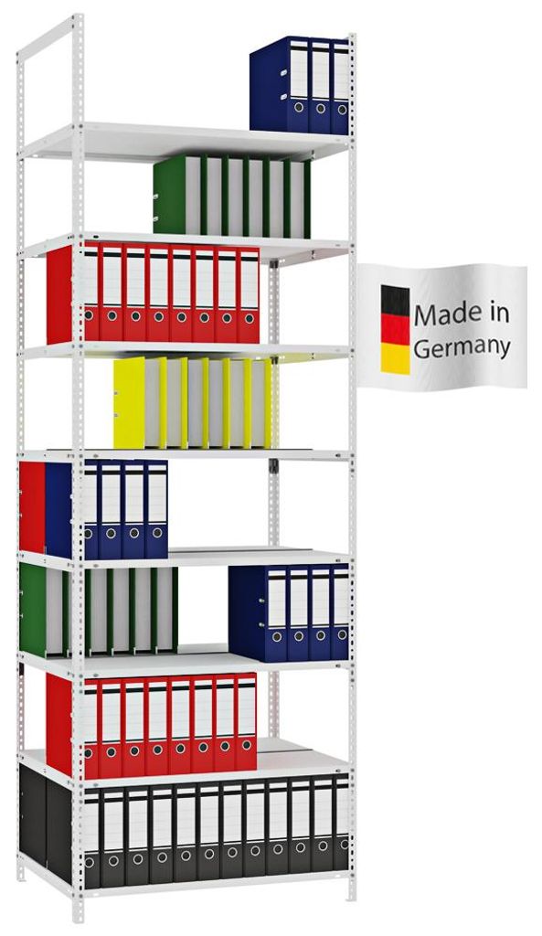 PROREGAL Aktenregal Schraubsystem MAGNUS Germany | HxBxT 290x100x60cm | 8 Ebenen | Fachlast 90kg | Beidseitig nutzbar | Lichtgrau
