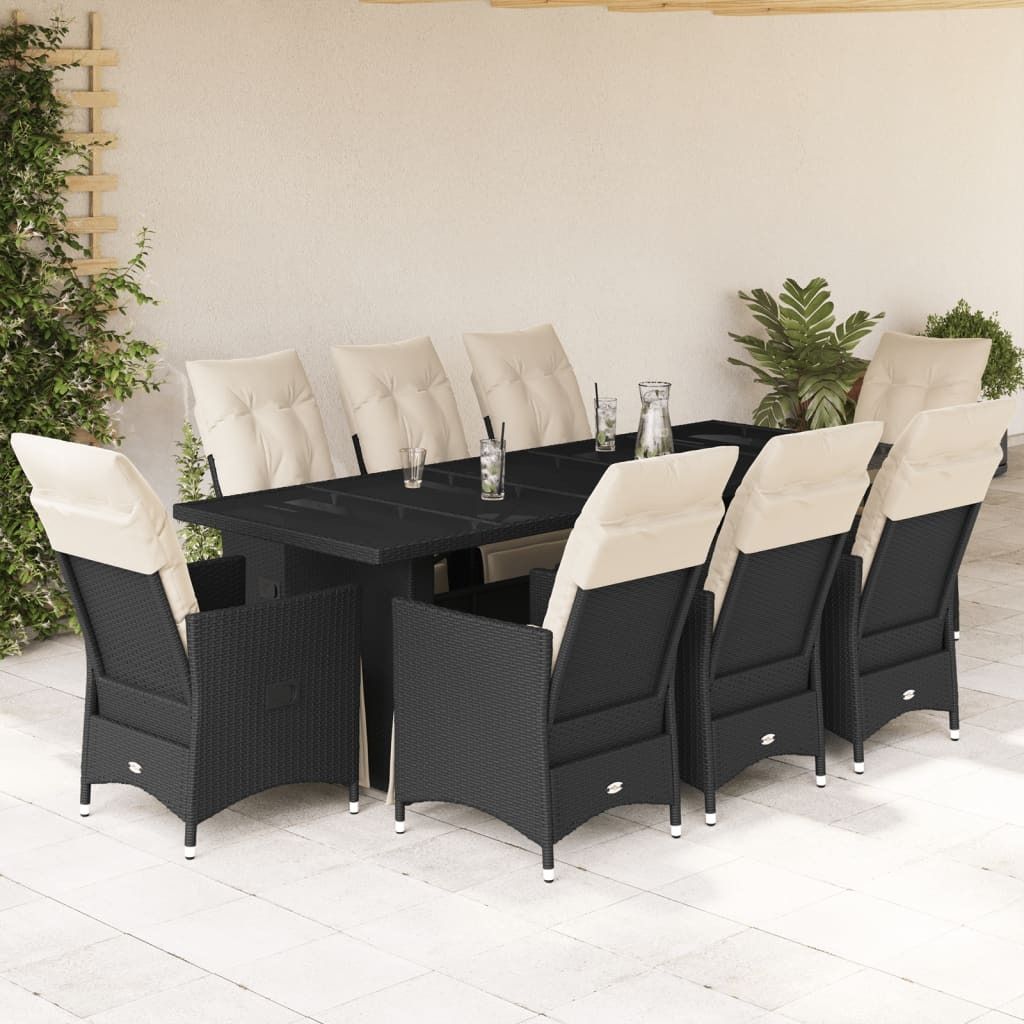 9-tlg. Garten-Bistro-Set mit Kissen Schwarz Poly Rattan, Gartenmöbel-Sets 2024 Neu