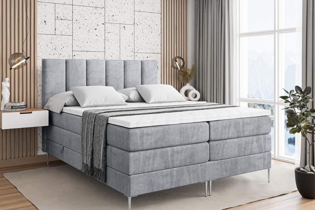 ALTDECOR Boxspringbett mit Silber Füßen, Matratze und Lattenrost, Topper, Polsterbett mit Bettkasten, Bett mit Stauraum H3- und H4- Matratze, Dop...