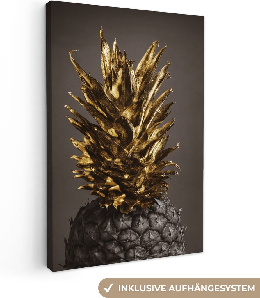 MuchoWow - Leinwandbilder - Obst - Ananas - Gold, Wandbild, Wanddeko Bilder Wohnzimmer, 80x120 cm
