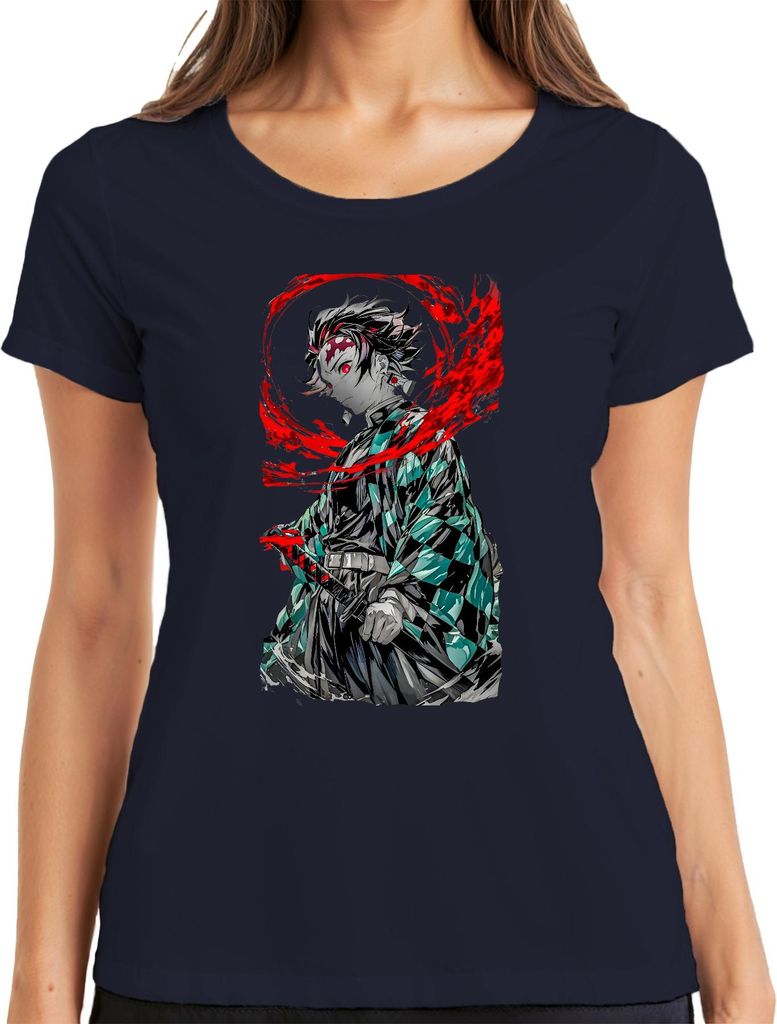 Tanjiro Kamado Demon Slayer Anime Schwert Blut Manga Geschenk Damen T-Shirt, Navy, XL