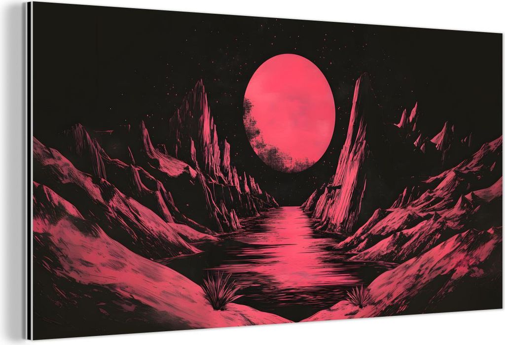 MuchoWow Wanddekoration Metall Metallbild Wandkunst 120x60 cm Mond - Helles Rosa - Berge - Fluss MuchoWow Aluminium Gemälde - Metalbilder