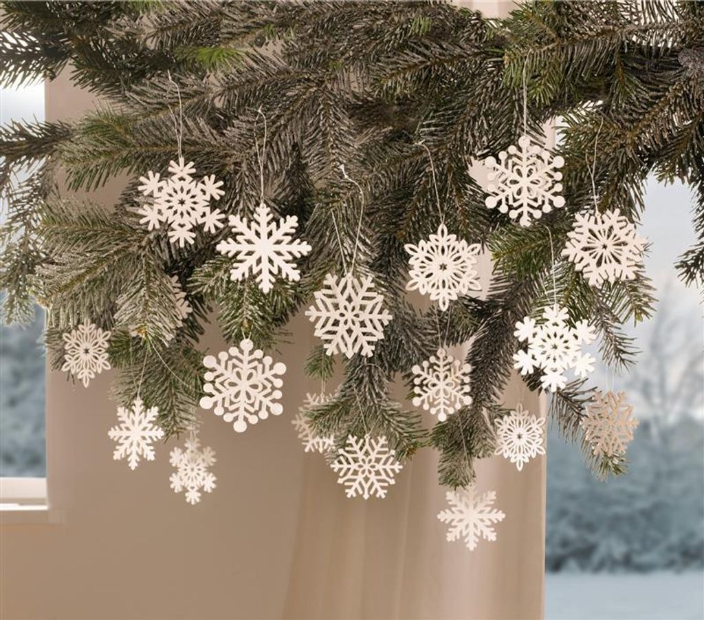 18 Dekohänger "Schneeflocke" aus Holz, weiß, Produktbild 