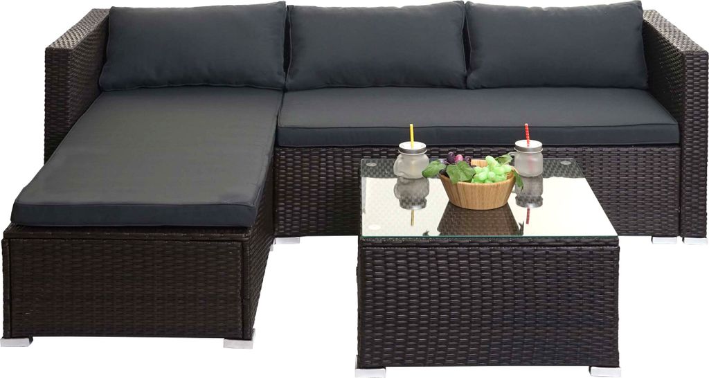 Poly-Rattan Garnitur MCW-F57, Balkon-/Garten-/Lounge-Set Sofa Sitzgruppe braun, Kissen dunkelgrau ohne Deko-Kissen