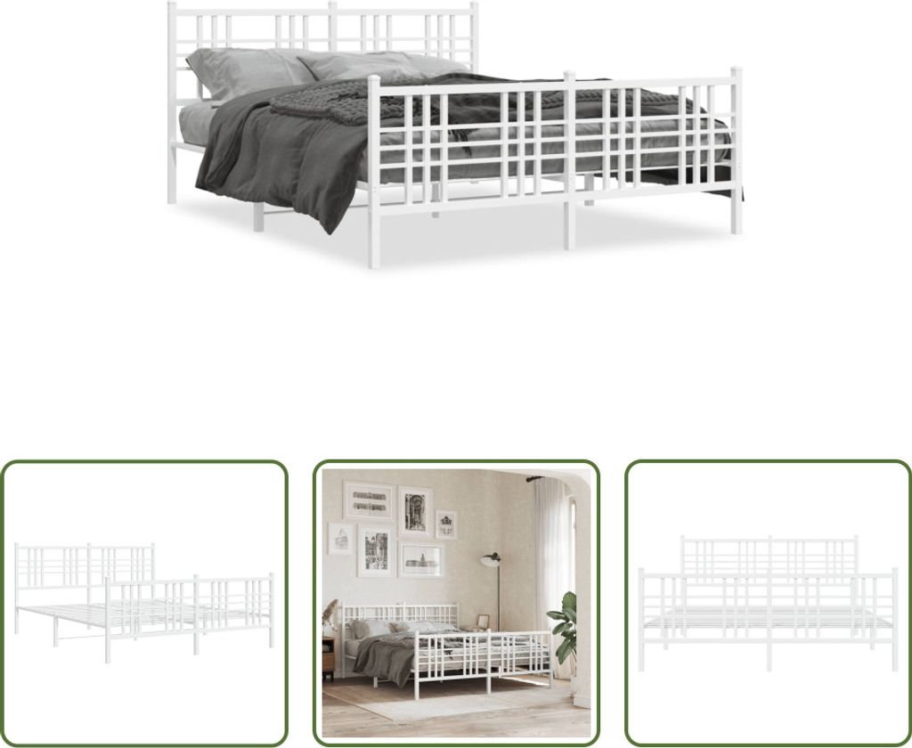 The Living Store Bettgestell mit Kopf- und Fußteil Metall Weiß 150x200 cm