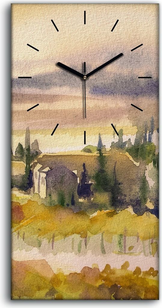 Wanduhr Uhr Wandbild Leinwand Quarz 30x60 Toskanische Landschaft Aquarelle - schwarze Hände
