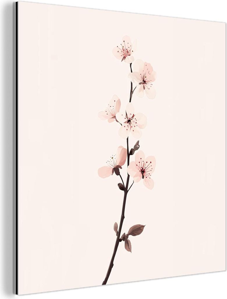 MuchoWow Wanddekoration Metall Metallbild Wandkunst 50x50 cm Minimalistisch - Blüte - Zweig - Rosa MuchoWow Aluminium Gemälde - Alubild - Industrial