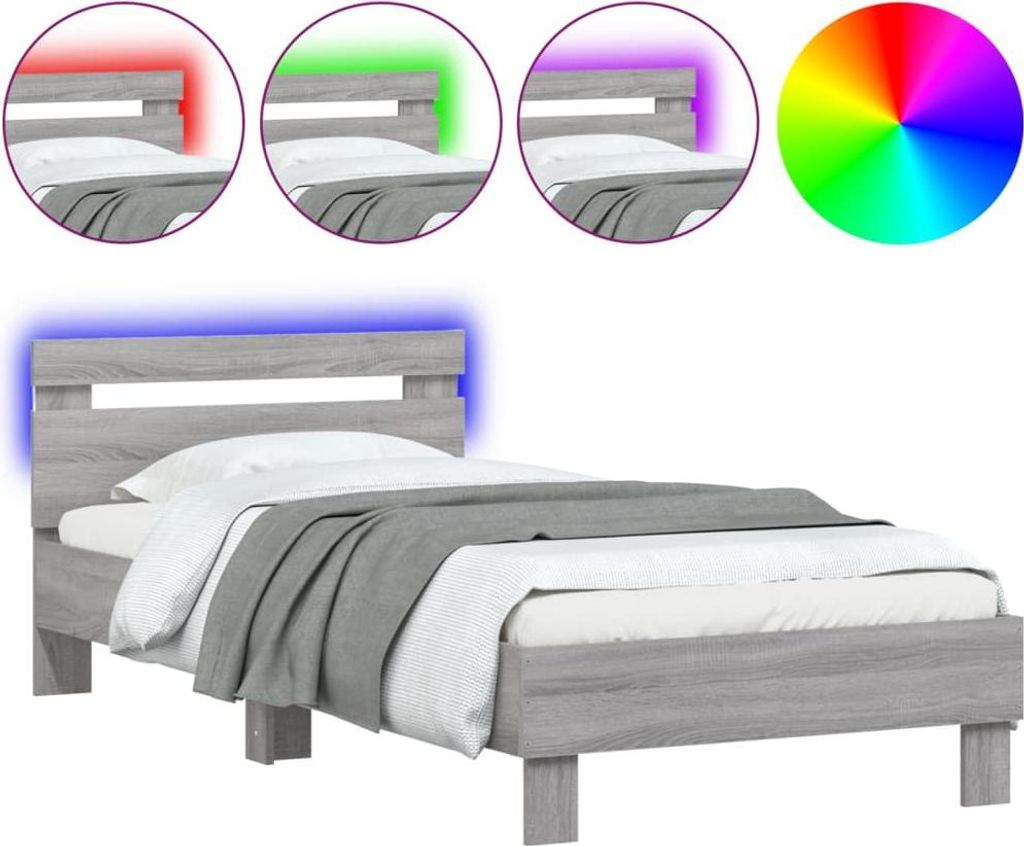 Estructura de cama con cabecero y luces LED, color gris Imagen del producto 